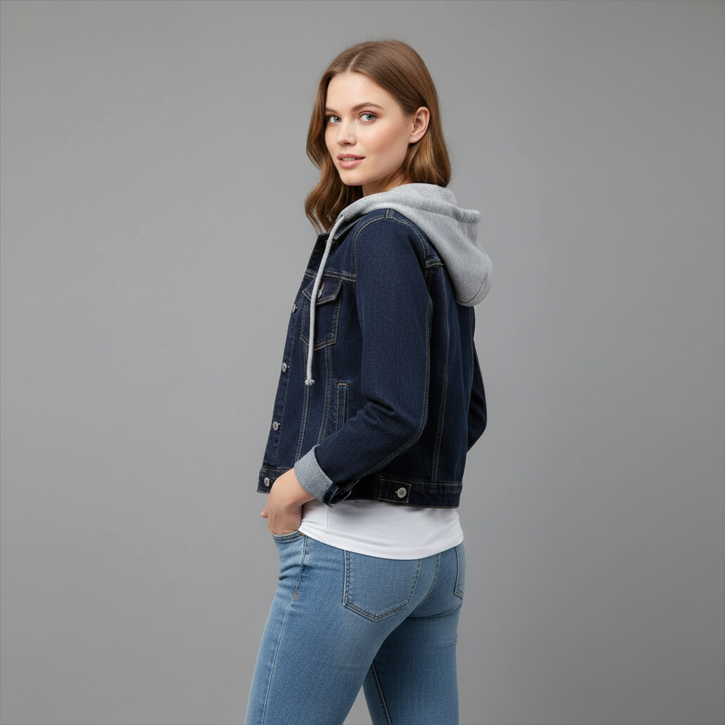 Damen Denim Jacke mit Abnehmbarer Kapuze | Freizeitjacke