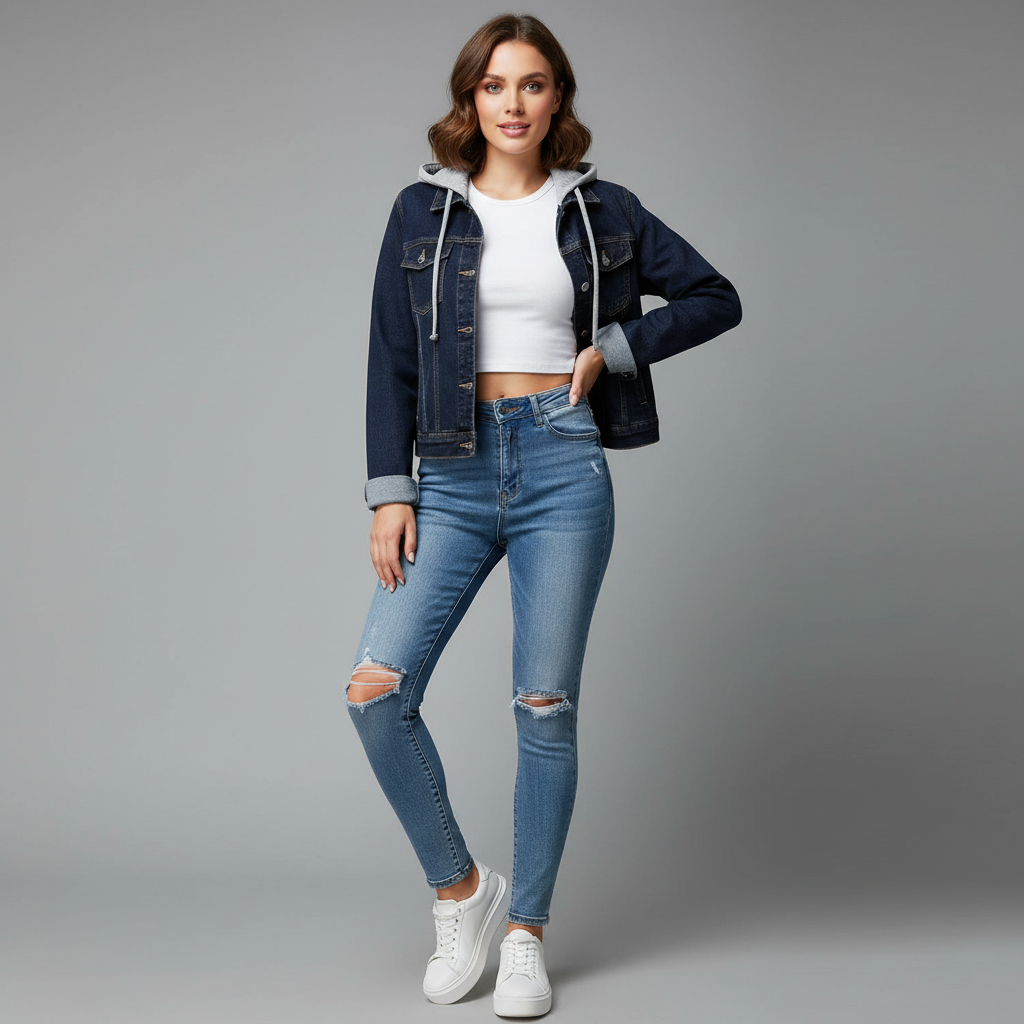 Damen Denim Jacke mit Abnehmbarer Kapuze | Freizeitjacke