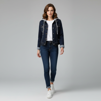 Damen Denim Jacke mit Abnehmbarer Kapuze | Freizeitjacke